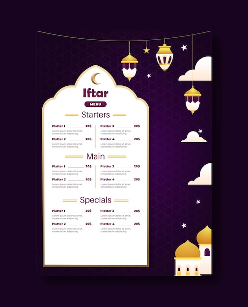 Vecteur modèle de conception de menu ramadan iftar