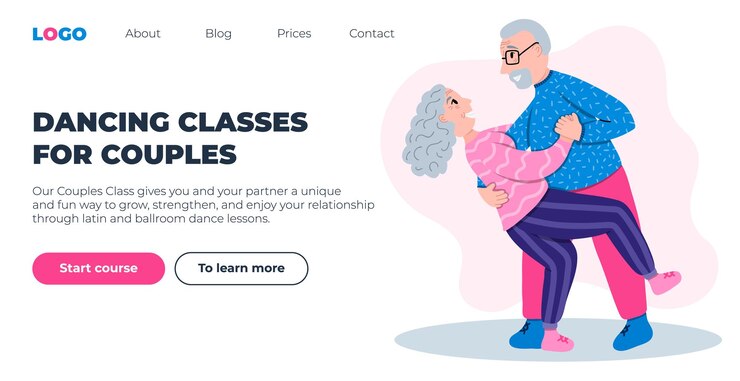 Vecteur modèle de conception de page web pour les cours de danse couple de personnes âgées à la retraite dansant ensemble grand-père fait la danse soutient grand-mère se cambre en arrière concept d'illustration pour les sites web pages de destination applications mobiles