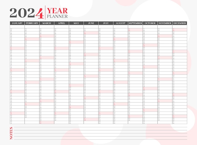Modèle De Conception De Planificateur Ou D'organisateur Annuel 2024 Avec  Couleur Rouge Journal De Page De Calendrier Stationnaire