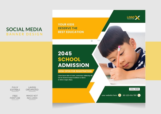 Vecteur modèle de conception de publication et de bannière web sur les médias sociaux d'admission à l'école moderne