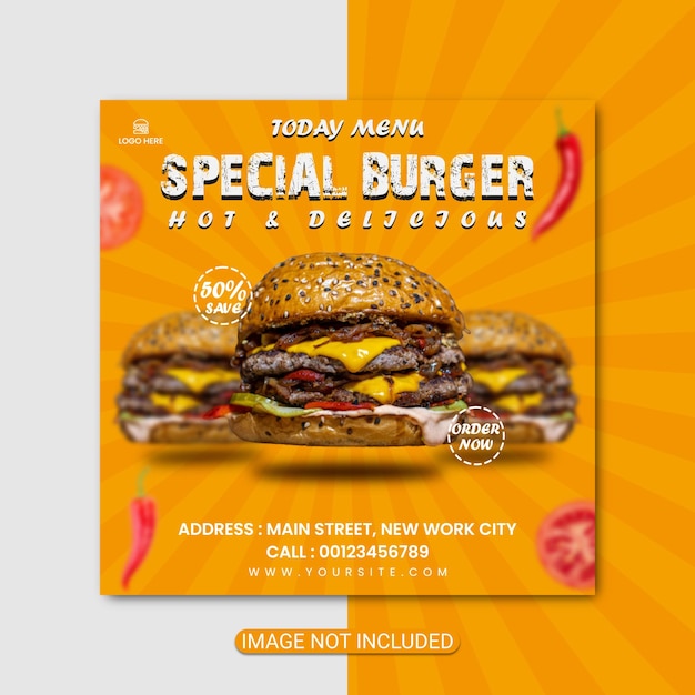 Vecteur modèle de conception de publication instagram super delicious food burger vecteur premium