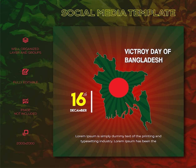 Vecteur modèle de conception de publication sur les médias sociaux et de bannière web du jour de la victoire du bangladesh