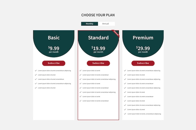 Vecteur modèle de conception de tableau de prix d'abonnement au plan