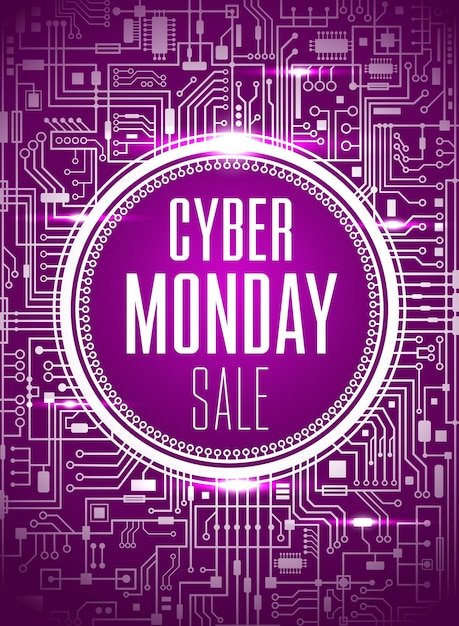 Modèle de conception de vente Cyber Monday. Contexte de la technologie du chipset futuriste. Bannière pourpre du cybermonday. Illustration vectorielle.