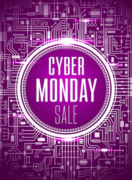 Modèle De Conception De Vente Cyber Monday. Contexte De La Technologie Du Chipset Futuriste. Bannière Pourpre Du Cybermonday. Illustration Vectorielle.