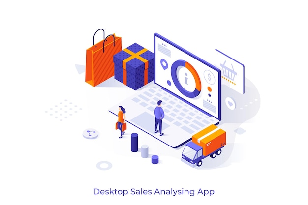 Modèle Conceptuel Avec Ordinateur Portable Clients Avec Statistiques De Marché à L'écran Boîte Cadeau Sac à Provisions Scène Pour Programme D'application Ou Service En Ligne Pour L'analyse Des Ventes Illustration Vectorielle Isométrique