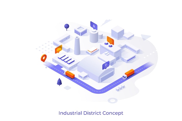 Modèle Conceptuel Avec Zone Urbaine Avec Bâtiments D'usine De Fabrication Ou De Production Usines Entrepôts Scène Pour Les Innovations De District Industriel Illustration Vectorielle Isométrique Pour Site Web