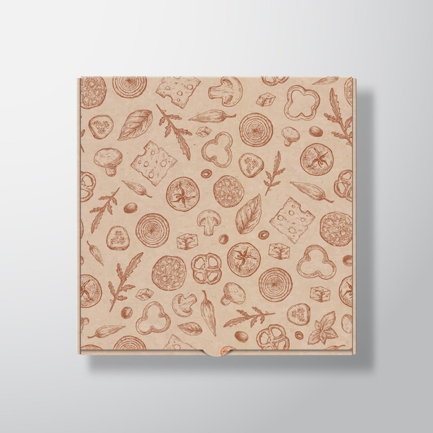 Vecteur modèle de conteneur de boîte à pizza en carton artisanal texture de carton réaliste emballage en papier maquette avec illustrations de nourriture dessinées à la main motif de croquis et ombre douce isolée