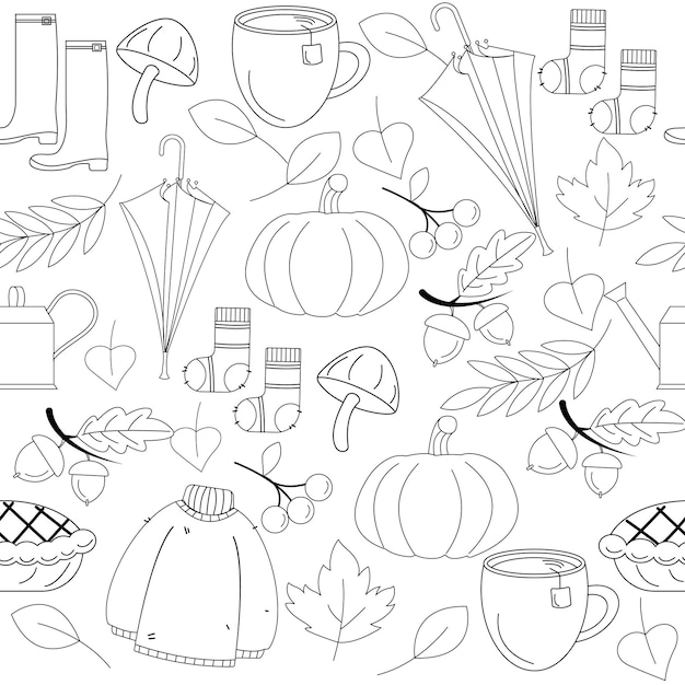 Modèle de contour d'automne sans couture sur fond clair avec pull citrouille Illustration vectorielle
