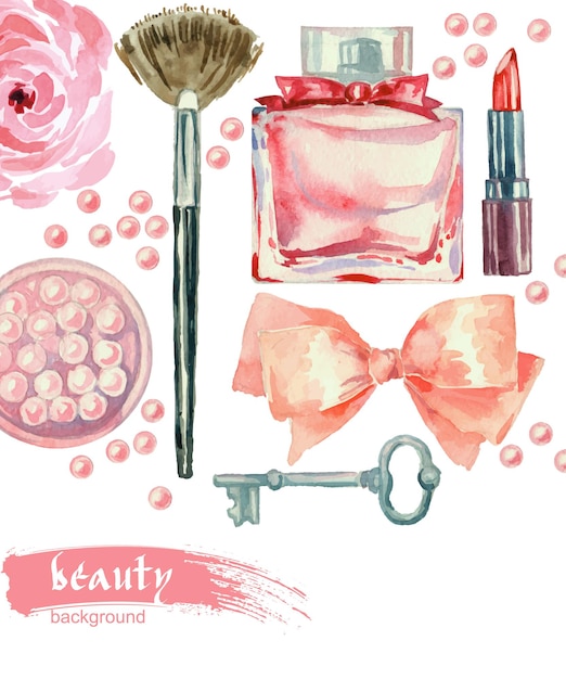 Modèle De Cosmétiques Aquarelle. Peint à La Main Avec Des Objets De Maquilleur : Rouge à Lèvres, Blush, Noeud, Clé, Parfums, Pinceaux. Fond De Beauté De Vecteur