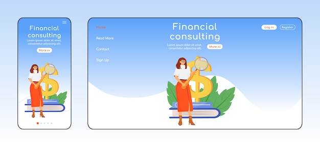 Modèle De Couleur Plate De Page De Destination Adaptative De Conseil Financier. Mise En Page De La Page D'accueil Mobile Et Pc D'assistance Au Paiement Des Taxes. Interface Utilisateur Du Site Web D'une Page De Service Expert. Conception De Pages Web Multiplateformes