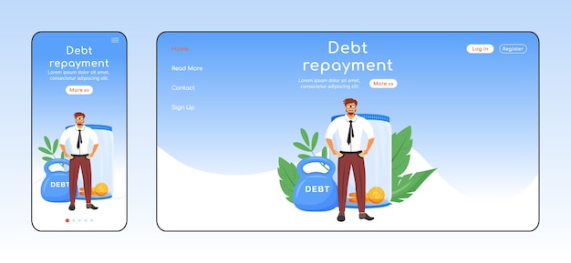Modèle De Couleur Plate De Page De Destination Adaptative De Remboursement De Dette. Disposition De La Page D'accueil Mobile Et Pc De L'évasion Fiscale. Interface Utilisateur Du Site Web D'une Page De Problème Financier. Conception Multiplateforme De Page Web Sur Le Fardeau économique
