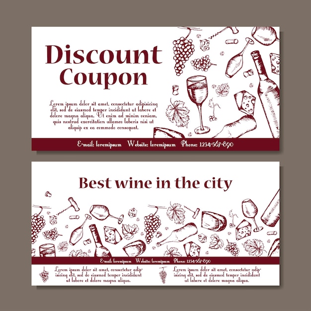 Modèle De Coupon De Vecteur Pour Les Boissons Ensemble De Bannières De Vin Avec Croquis étiquette De Bon D'illustration