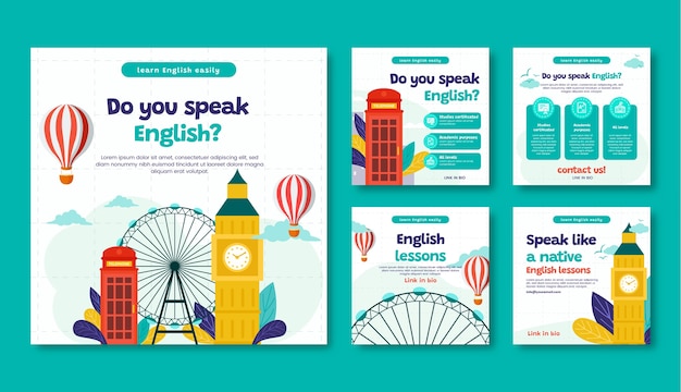 Modèle de cours d'anglais design plat dessiné à la main
