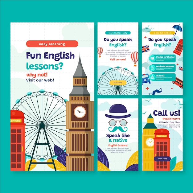 Modèle de cours d'anglais design plat dessiné à la main