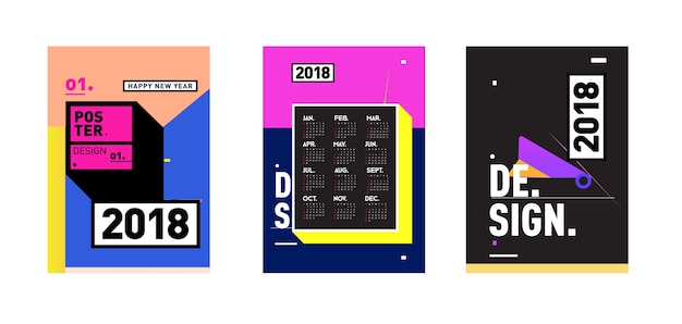 Modèle De Couverture De Calendrier De Nouvel An 2018. Ensemble De Calendrier Et Affiche Avec Fond De Style Coloré De Memphis.