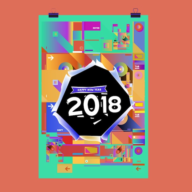 Modèle De Couverture De Calendrier De Nouvel An 2018. Ensemble De Calendrier Et Affiche Avec Fond De Style Coloré De Memphis.