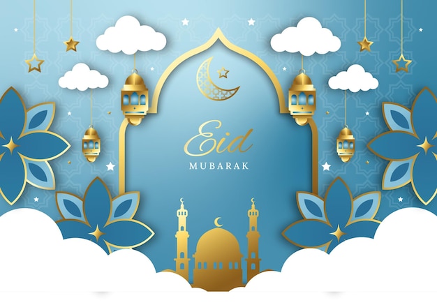 Vecteur modèle de couverture de fond d'illustration de style papier eid mubarak