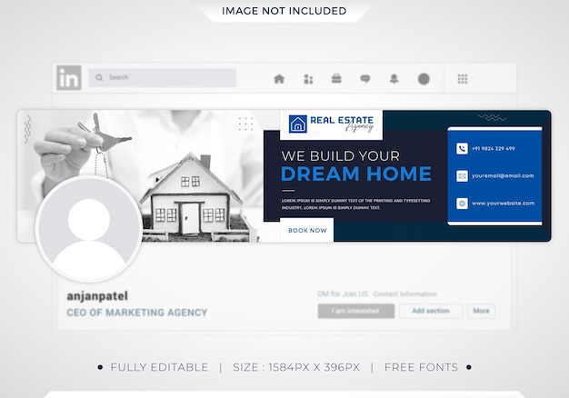 Vecteur modèle de couverture linkedin pour agence immobilière professionnelle