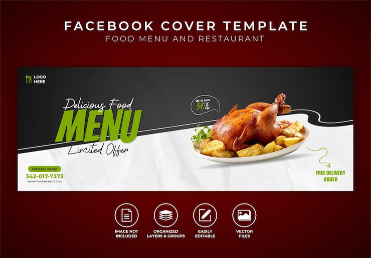 Vecteur modèle de couverture de menu alimentaire et de restaurant facebook