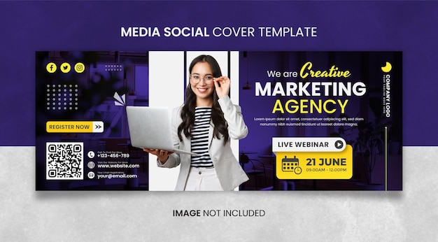 Vecteur modèle de couverture sociale des médias de l'agence de marketing créatif violet foncé