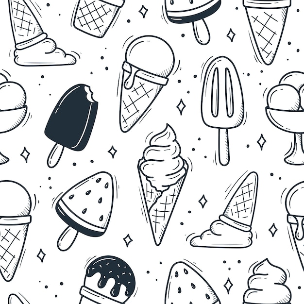 Modèle de crème glacée dessiné à la main sur un dessert de fond blanc dans un style doodle