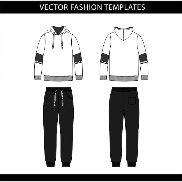 Vecteur modèle de croquis plat à capuche et pantalon de survêtement, tenue de jogging avant et arrière, tenue de sport