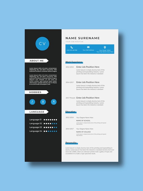 modèle de curriculum vitae ou de CV propre et moderne