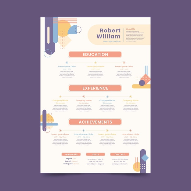 Vecteur modèle de cv coloré dans le style de memphis