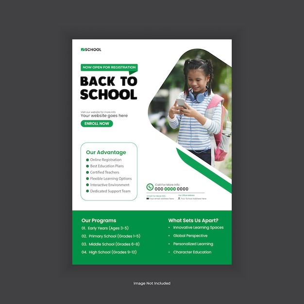 Le modèle de dépliant d'admission à l'école et de backtoschool Moderne affiche