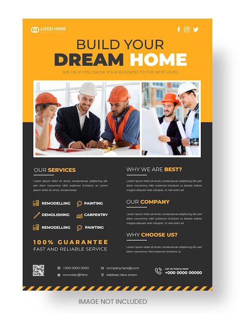 Modèle de design de flyer d'entreprise d'amélioration et de réparation de la maison ou de construction de maison