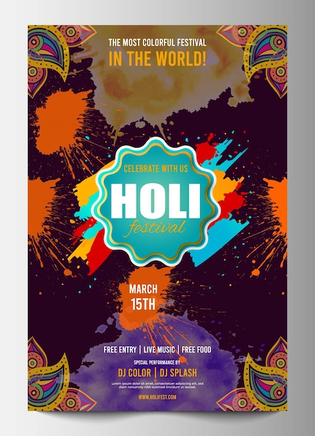 Un modèle de design de flyer de fête Holi coloré