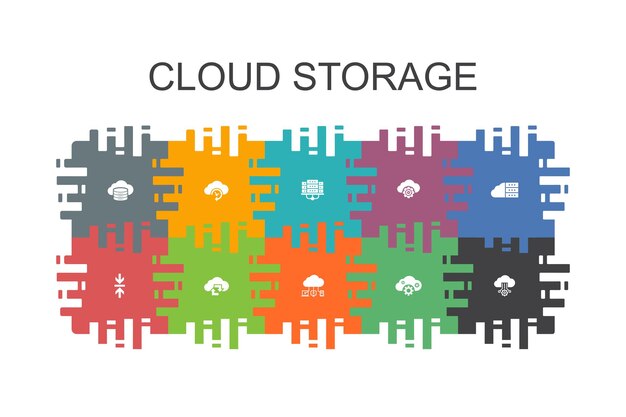 Vecteur modèle de dessin animé de stockage en nuage avec des éléments plats. contient des icônes telles que la sauvegarde dans le cloud, le centre de données, le stockage hybride, la compression de données