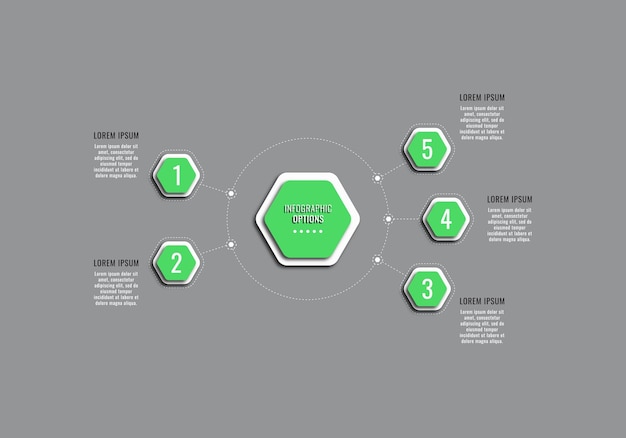 Modèle De Diagramme Infographique En Cinq étapes Avec Des éléments Hexagonaux Verts. Visualisation D'entreprise