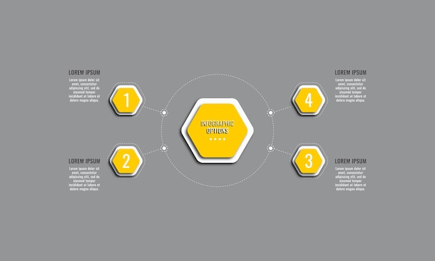 Modèle de diagramme infographique en quatre étapes avec des éléments hexagonaux jaunes. Visualisation d'entreprise