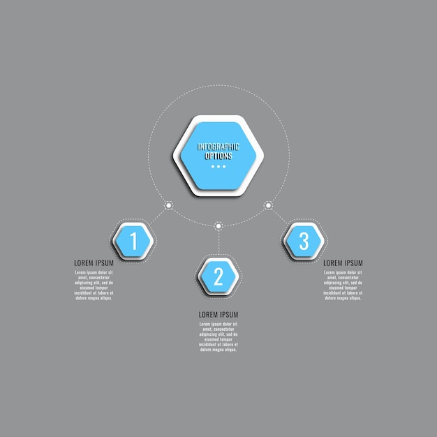 Vecteur modèle de diagramme infographique en trois étapes avec des éléments hexagonaux bleu clair. visualisation d'entreprise