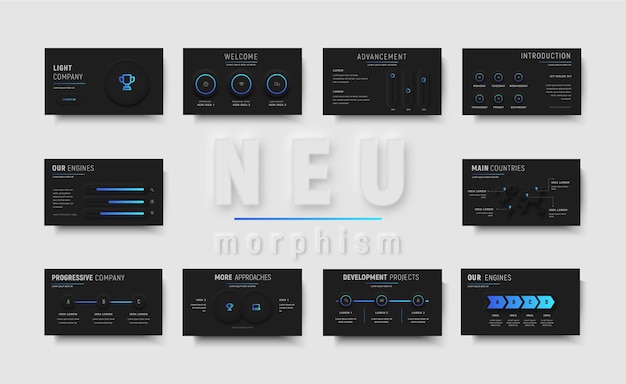 Vecteur modèle de diapositives d'entreprise de neumorphisme style moderne de couleur bleu néon