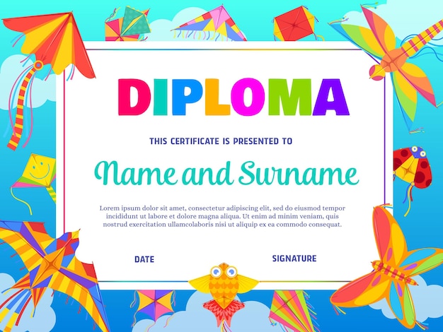 Modèle de diplôme d'éducation scolaire avec cerfs-volants de dessin animé volant dans un ciel bleu nuageux.
