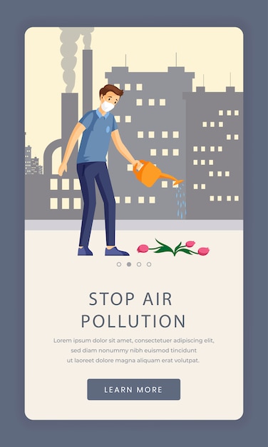 Vecteur modèle d'écran de l'application d'intégration de la pollution atmosphérique. protection de l'environnement, économie de la nature, page de destination mobile d'arrêt de la contamination industrielle. site web de téléphone mobile avec un personnage de dessin animé de fleur d'arrosage d'homme