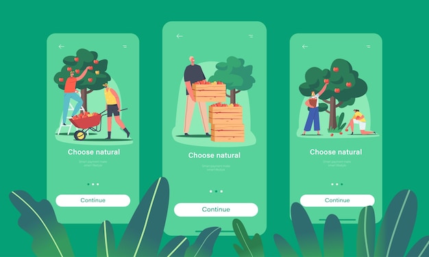 Vecteur modèle d'écran à bord de la page de l'application mobile d'aliments naturels. personnages récoltant des pommes dans un jardin ou un verger, agriculture