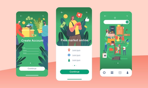 Modèle D'écran Intégré De La Page De L'application Mobile Du Marché Aux Puces. Personnages Visitant La Vente De Garage Pour Faire Du Shopping Des Choses Antiques Uniques. Concept De Vente De Bazar Rétro En Plein Air. Illustration Vectorielle De Gens De Dessin Animé