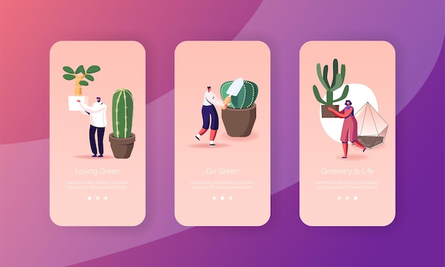 Modèle D'écran De Page D'application Mobile Pour Le Soin Des Personnages Des Plantes D'intérieur Cultiver Des Cactus Et Des Plantes Succulentes
