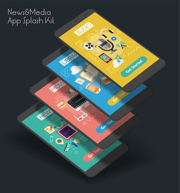 Modèle D'écrans De Démarrage D'application Mobile D'interface Utilisateur Sources Multimédias Réactifs Avec Des Illustrations à La Mode