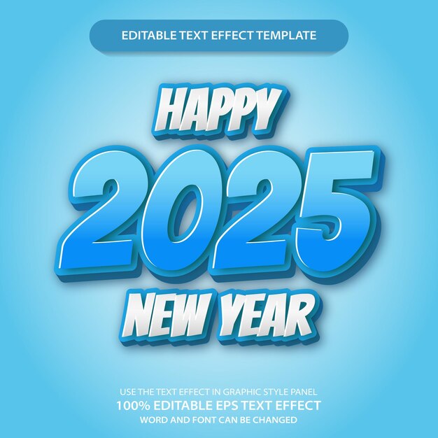 Modèle d'effet de texte 3D modifiable pour le Nouvel An 2025 avec un gradient bleu vibrant