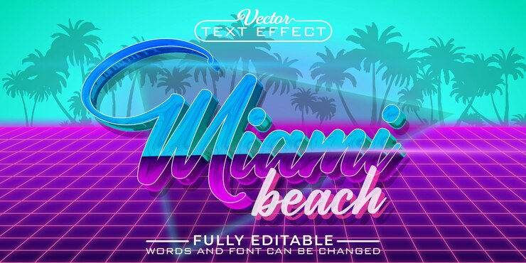 Vecteur modèle d'effet de texte modifiable vectoriel miami beach retro shiny 80's