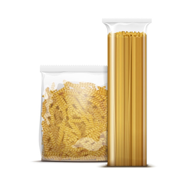 Vecteur modèle d'emballage de pâtes en spirale spaghetti et fusilli isolé