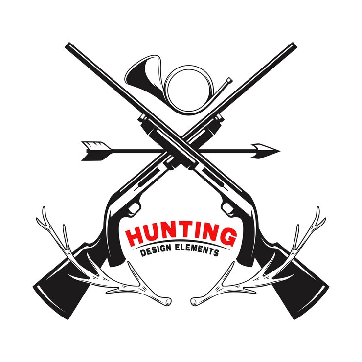 Vecteur modèle d'emblème de l'emblème du club de chasse avec cornes de cerf fusils cor de chasse élément de conception pour logo étiquette signe affiche t-shirt illustration vectorielle