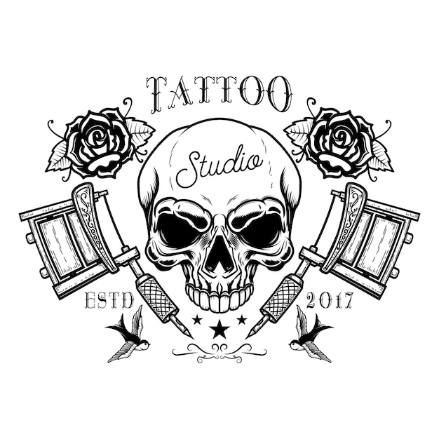 Vecteur modèle d'emblème de studio de tatouage. machine à tatouer croisée, crâne, roses. élément de design pour logo, étiquette, signe, affiche, t-shirt.