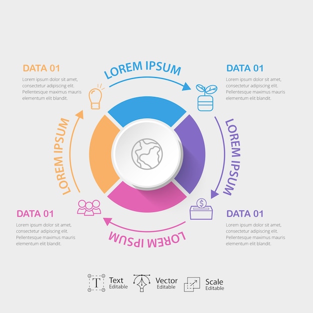 Vecteur modèle d'entreprise infographique avec 4 éléments circulaires directionnels