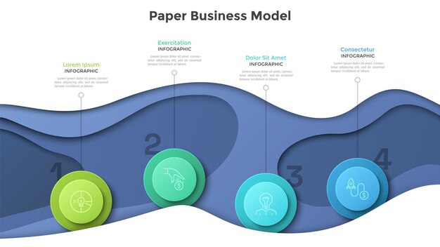 Modèle D'entreprise En Papier Avec Quatre éléments Circulaires Colorés. Concept De 4 étapes Successives Du Plan De Progrès Et De Développement De L'entreprise. Modèle De Conception Infographique Moderne. Illustration Vectorielle Réaliste.